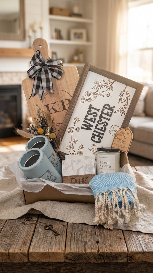 Premium Couples Name Housewarming Gift Basket | Custom Location Sign & Engraved Keepsakes