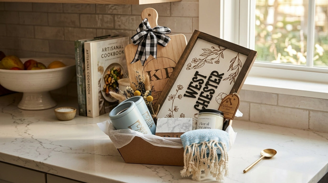 Premium Couples Name Housewarming Gift Basket | Custom Location Sign & Engraved Keepsakes
