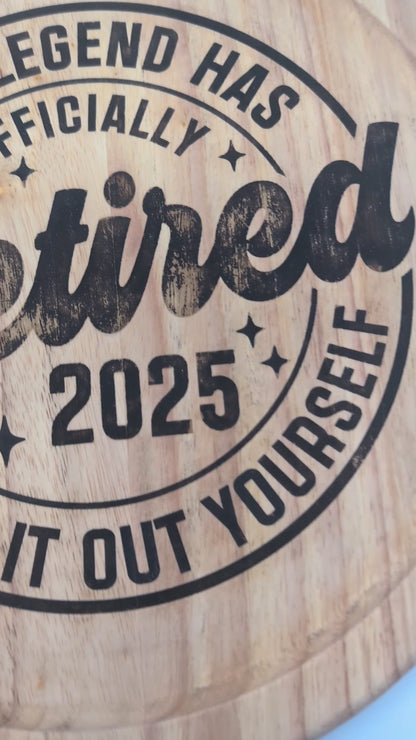 Retirement Gift – 12" Engraved Round Charcuterie Board | Rustic Keepsake Décor