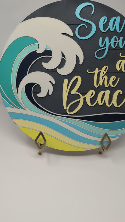 "Sea You at the Beach" Round Wood Sign – Coastal Wall Decor