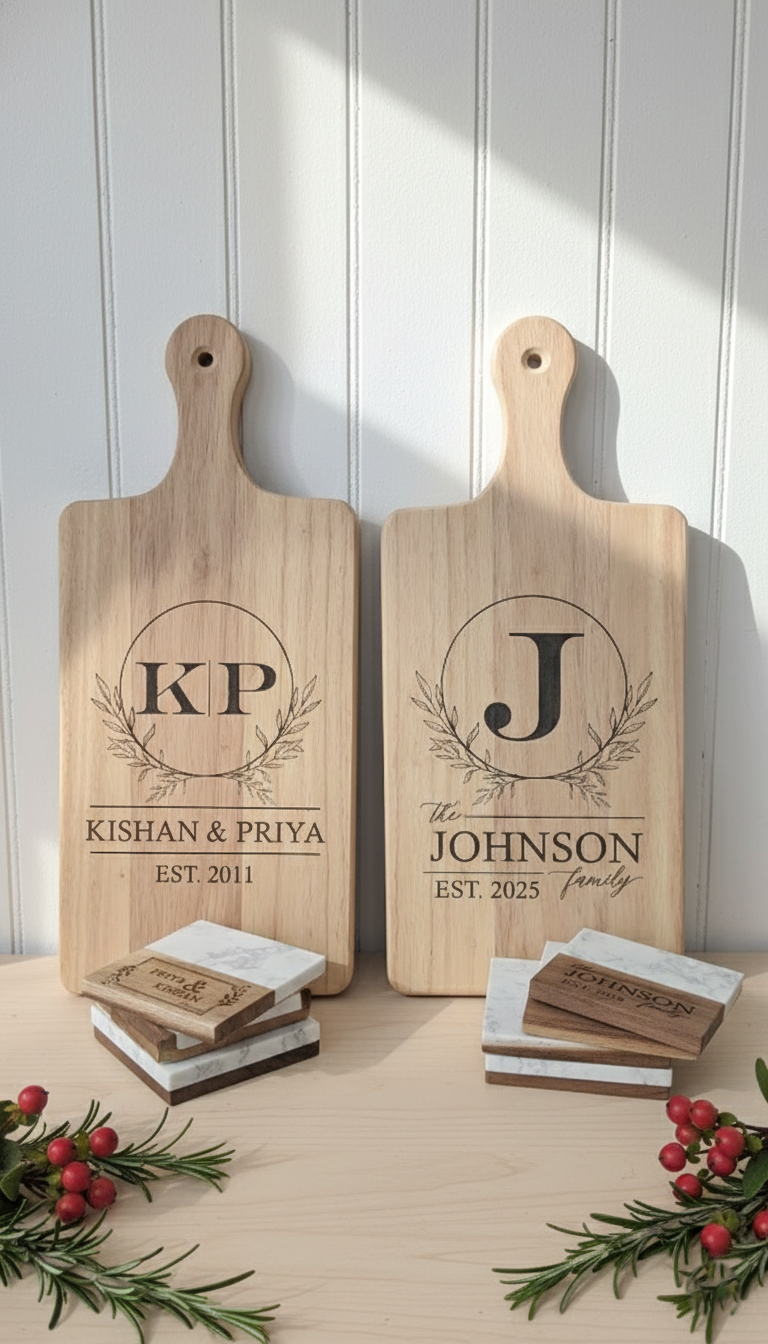 Custom Engraved Wood Board & Coaster Set – Personalized Family Name Gift Set