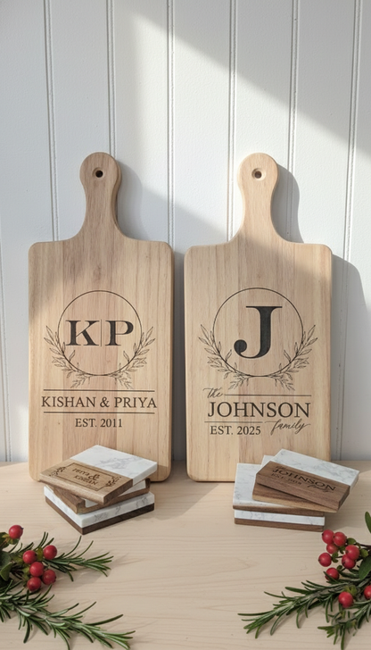 Custom Engraved Wood Board & Coaster Set – Personalized Family Name Gift Set