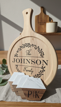 Custom Engraved Round Wood Board & Coaster Set – Personalized Family Name Gift Set