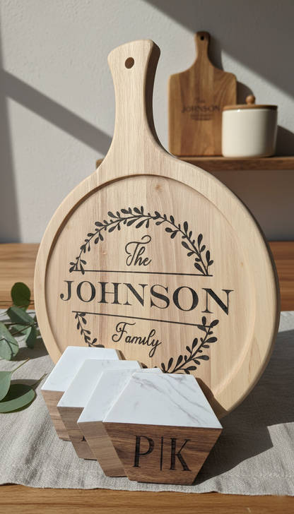 Personalized Family Marble & Wood Coasters – Hexagon (Set of 4)