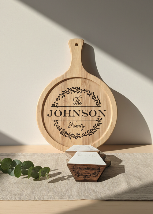 Custom Engraved Round Wood Board & Coaster Set – Personalized Family Name Gift Set