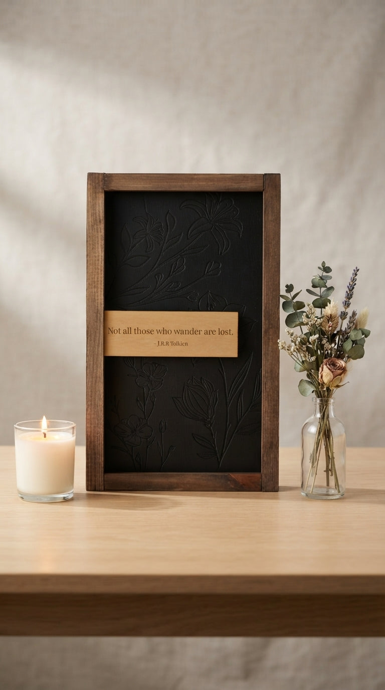 Custom Quote Wood Sign, Framed Floral Engraved Wall Art