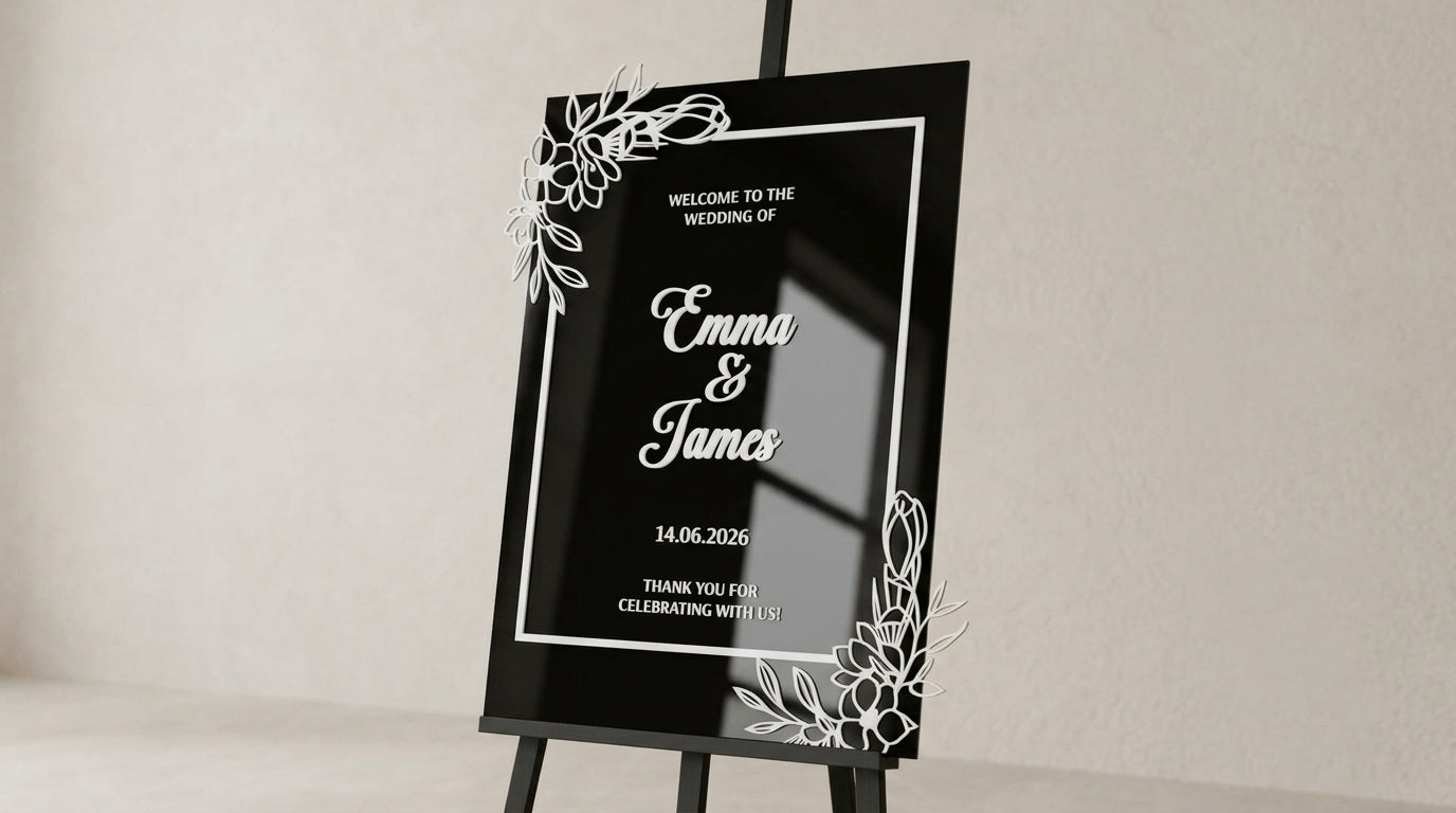 Custom 3D Acrylic Wedding Welcome Sign | Raised Letters & Florals | Personalized